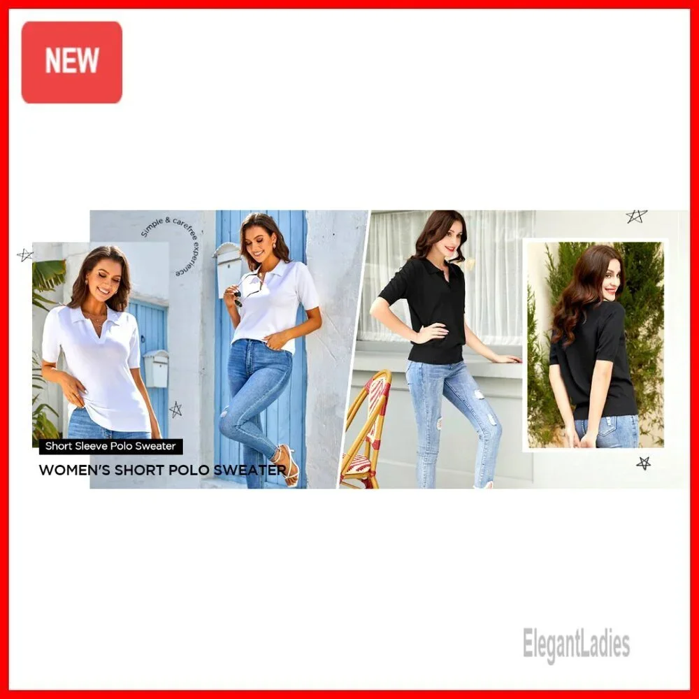 Short Sleeve V-Neck Polo Sweater, Ribbed Knit Pullover, Casual Loose Fit